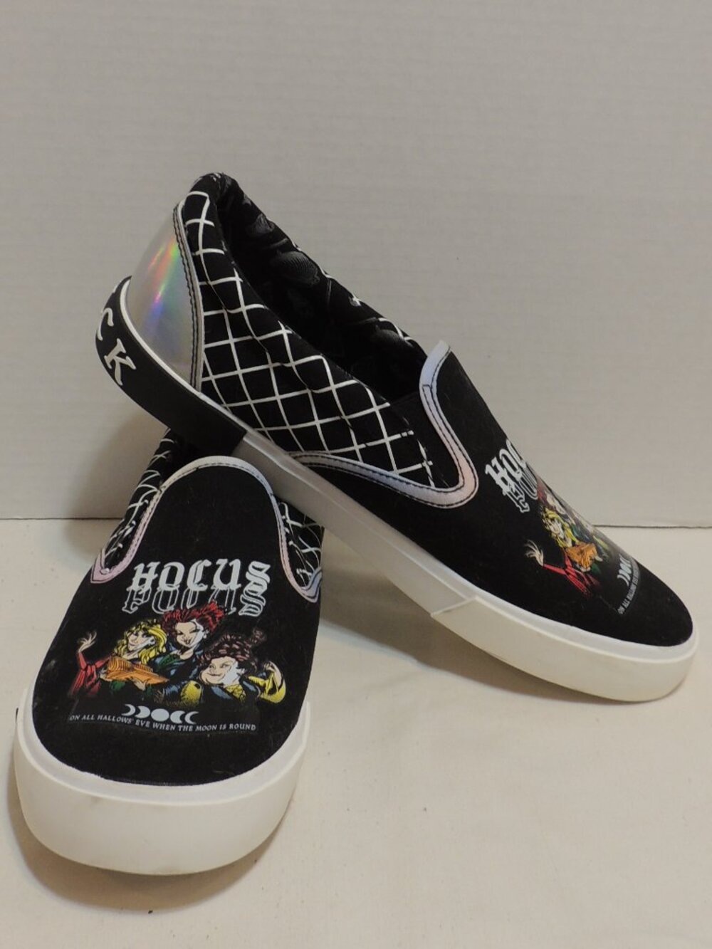Hocus Pocus Shoes Woman Size 11 Black White Witches Top Slide On Shoes